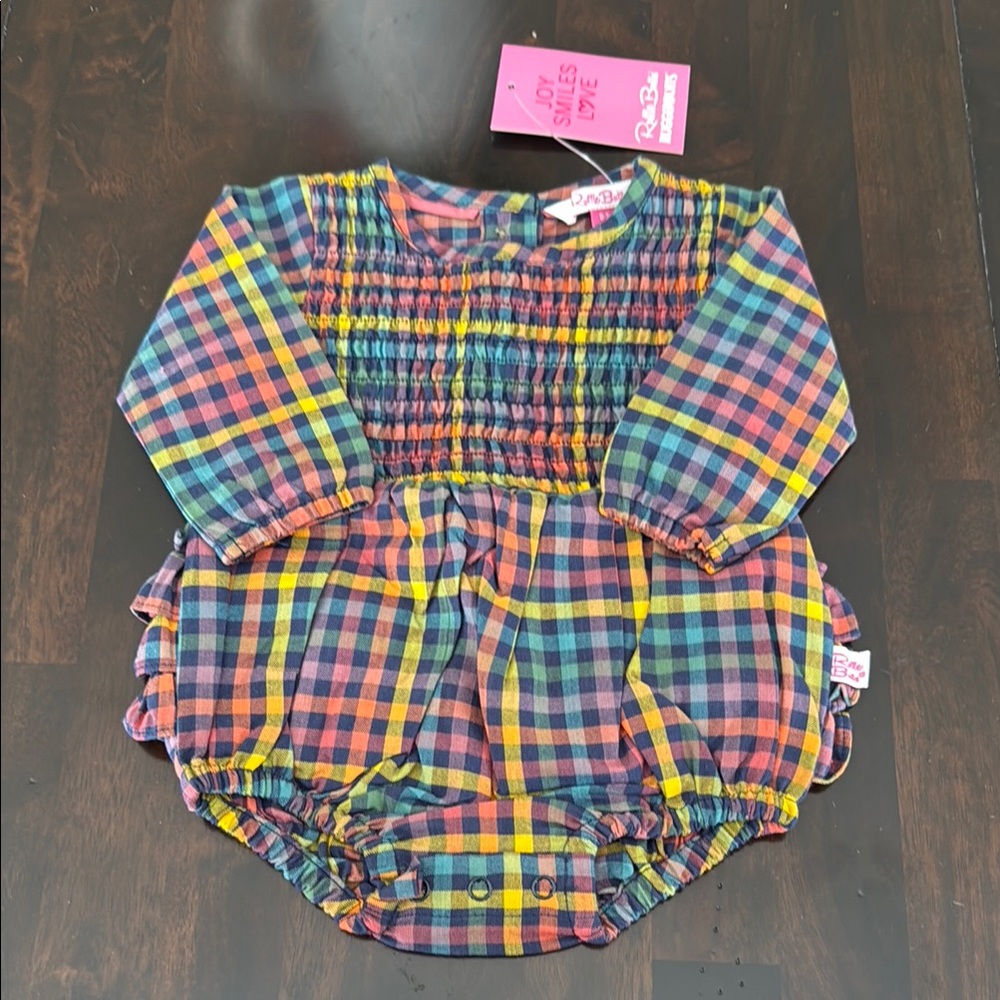Rufflebutts Harvest rainbow gingham long sleeve bubble romper 0-3 months New